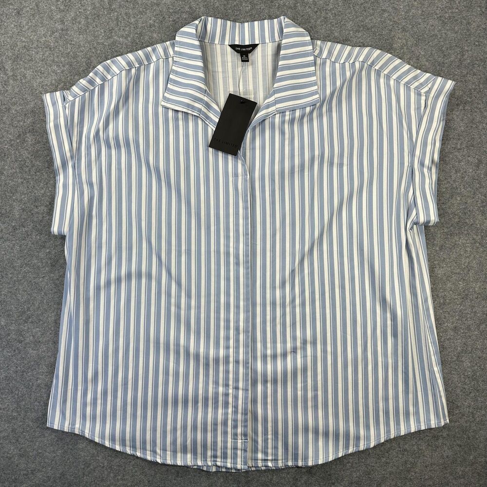 The Limited Shirt Womens 1X Blue White Stripe Plus Size Button Front Top Blouse